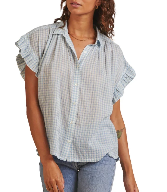 Fashionista Favorites Marianne B Ruffle Sleeve Shirt In Lt Blue Check