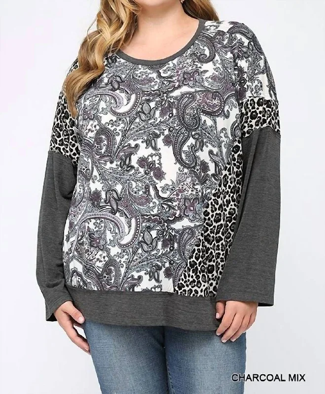 Trendy Online Boutiques Pasley Leopard Color Block Top In Charcoal Mix