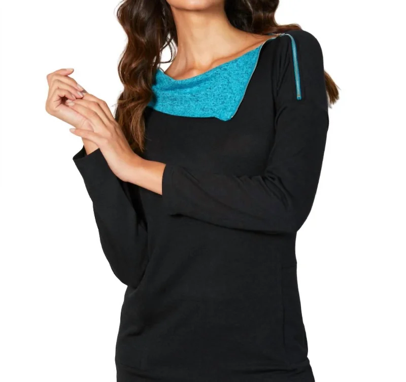 Eclectic Style Wardrobe Zip Neck Top In Black/turquoise