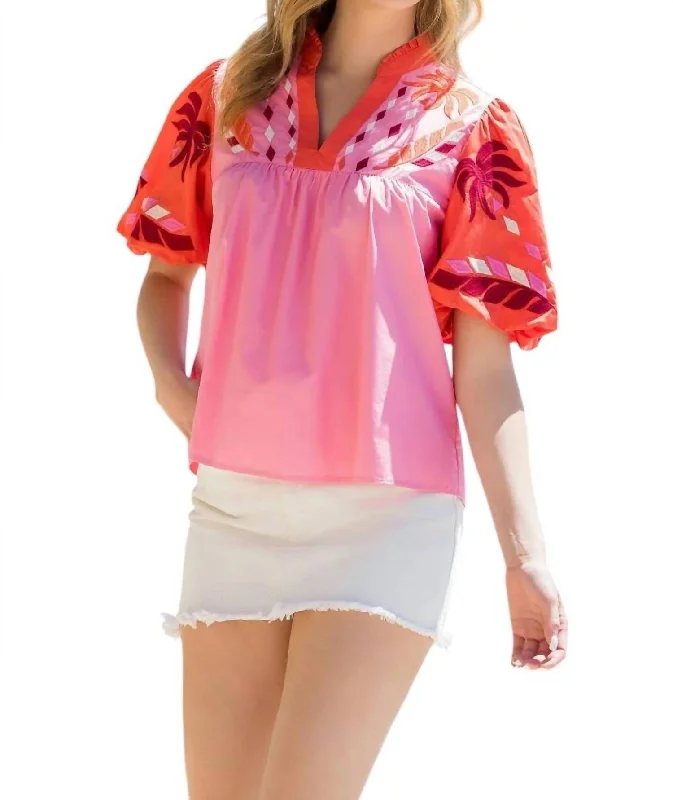 Vibrant Styles Anna Tropical Embroidered Poplin Top In Pink