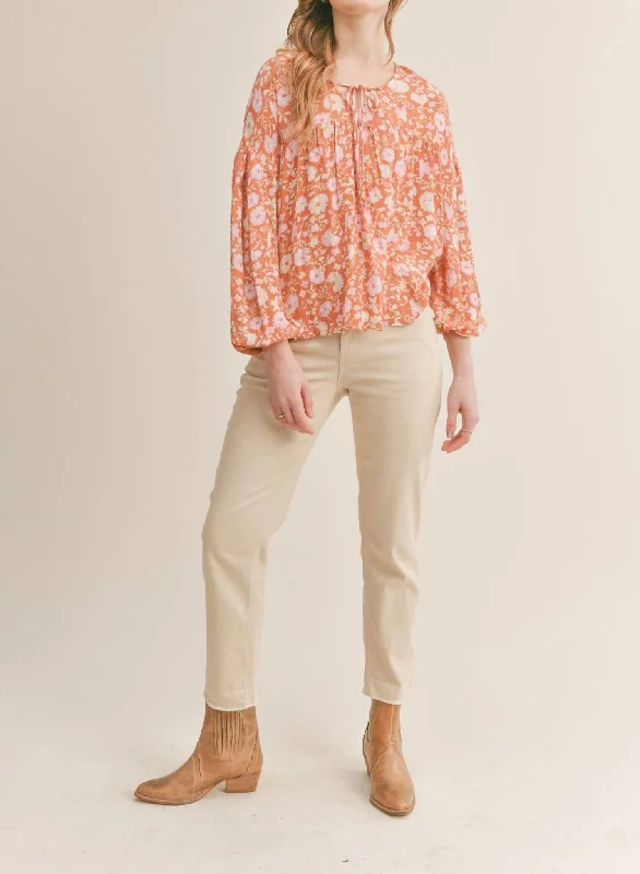 Relaxed Style With Love Peasant Top In Orange Floral