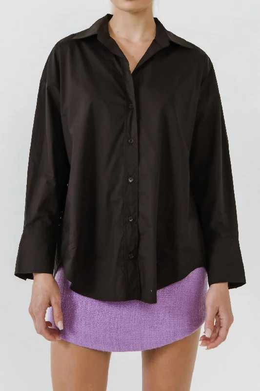 Casual Women's Clothing Drop Placket Collared Shirt In Black