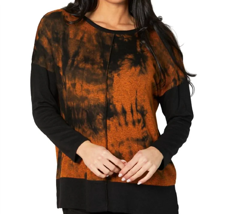 Stylish Savings Marble Wash Color Block Crew Top In Spice