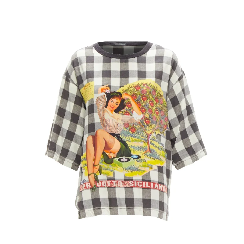 Latest Fashion Dolce & Gabbana silk pinup girl print checkered boxy tshirt top