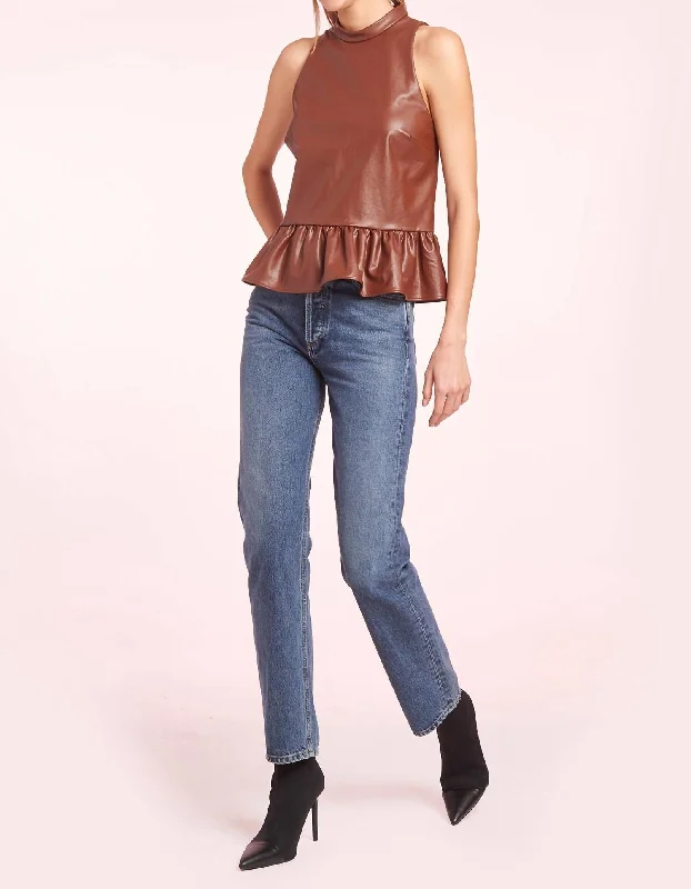 Style Your Wardrobe Anders Faux Leather Peplum Waist Top In Brown