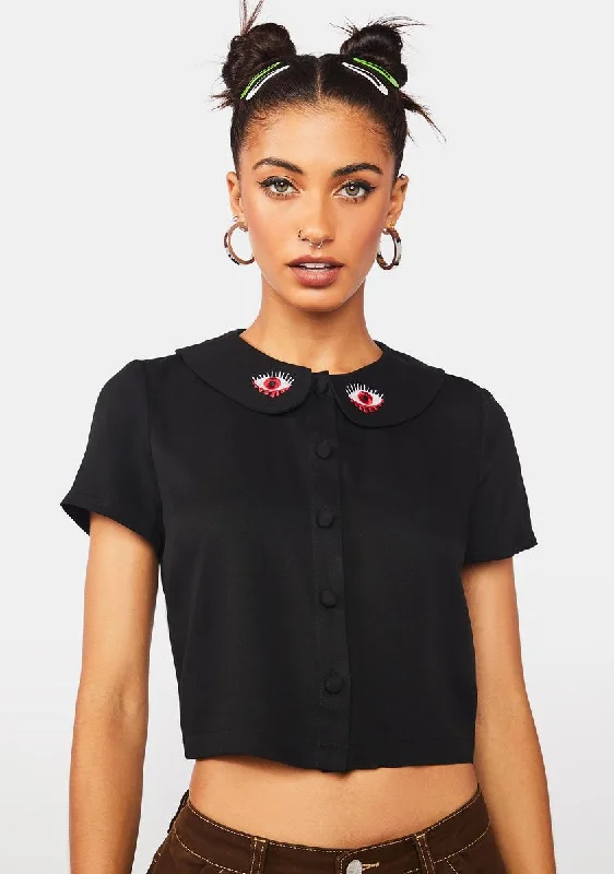 Women Fashion Eye Embroidered Collar Shirt