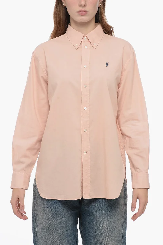 Trendy Women's Apparel Polo Ralph Lauren Solid Color Button-Down Collar Shirt with Embroidered Logo