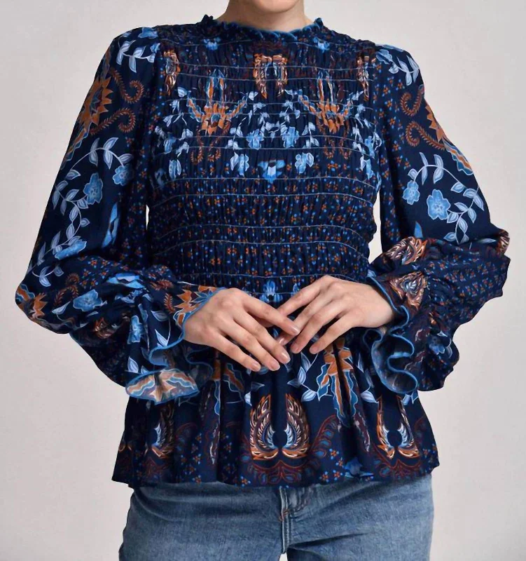 Versatile Outfits Rosie Peasant Shirt In Marine Mosaic