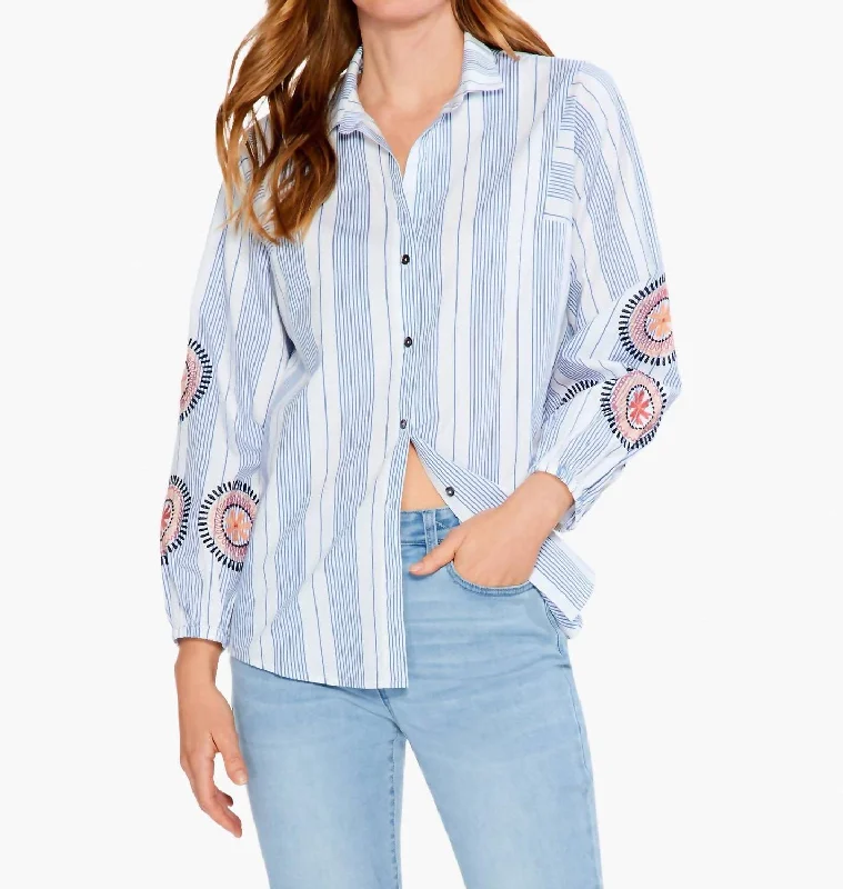 Your Timeless Wardrobe Awaits Embroidered Skies Shirt In Blue Multi