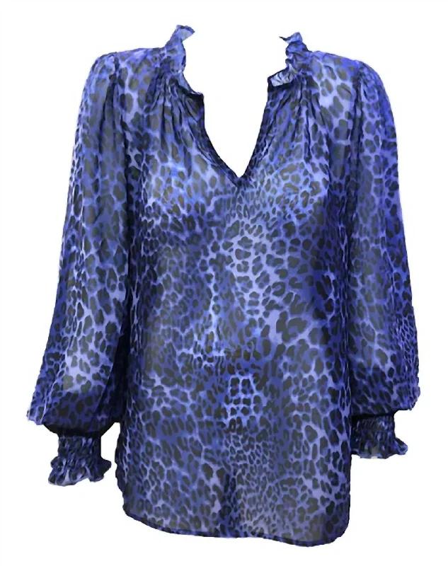 Luxury Women's Clothing Chiffon Animal Print Top in Cobalt