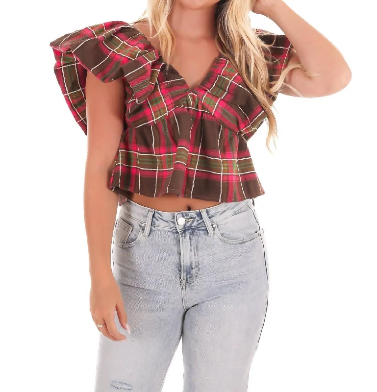 Attire Sale Rustic Retreat Plaid Babydoll Top In Brown