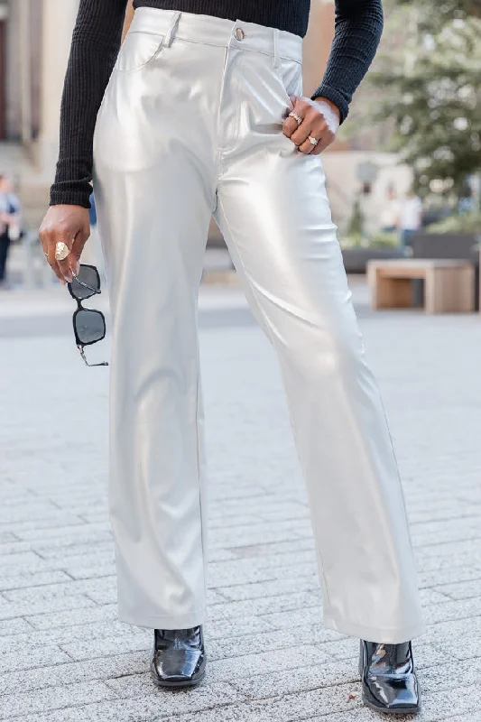 Summer Deals Share Your Thoughts Silver Metallic Straight Leg Pants FINAL SALE