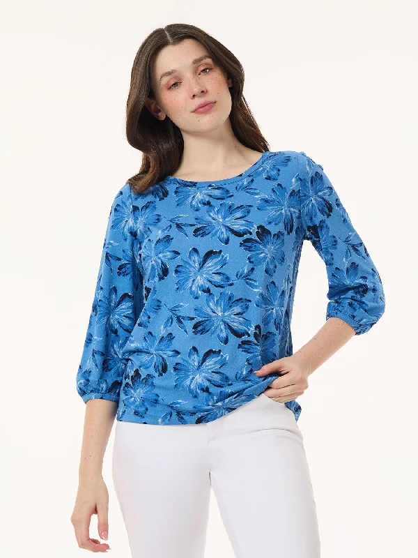 Elegant Women's Clothing Printed Puff Sleeve Top, Moss Crepe