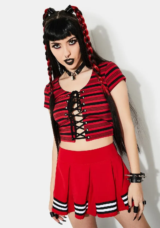 Trendy Street Style Attire Fire Within Striped Lace-Up Top