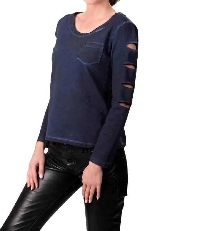 Unique Women's Fashion Pieces Scoop-Neck Distressed Top In Denim