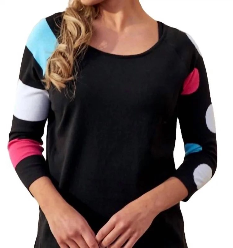 Unleash Your Trend Driven Style 3/4 Sleeve Dot Scoop Top In Black Multi