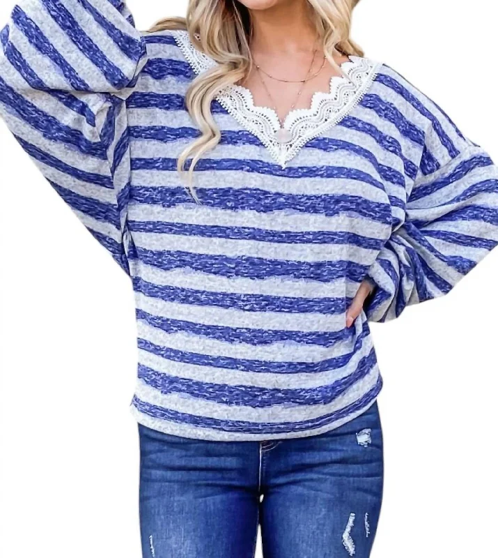 Bold Fashion Striped Lace Detail V Neck Top In Blue