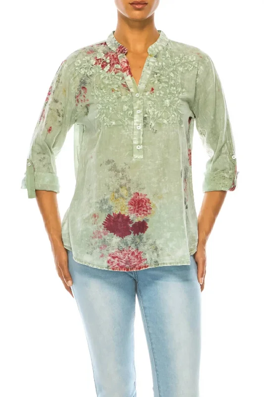 Additional Time-Limited Offers Floral Printed With Embroidery Top In Light Green Basil