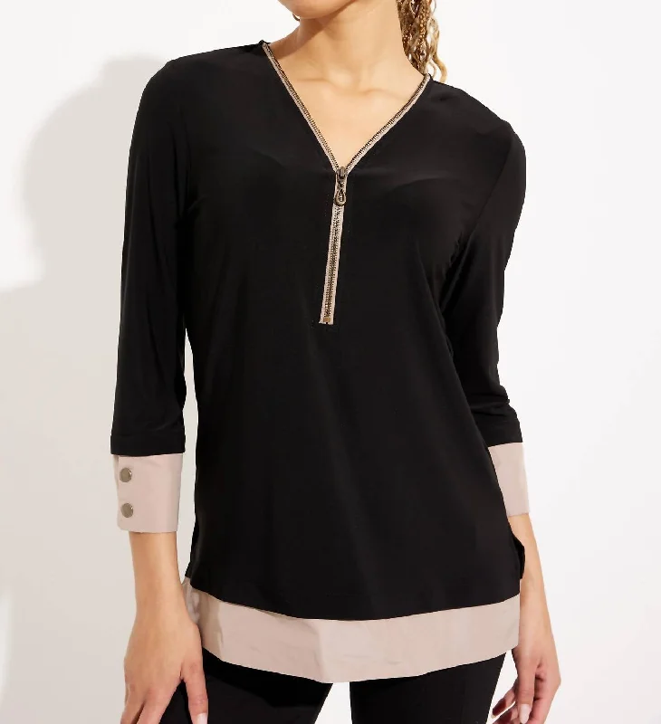 Contemporary Women's Clothing Zip Detail Top In Black/latte