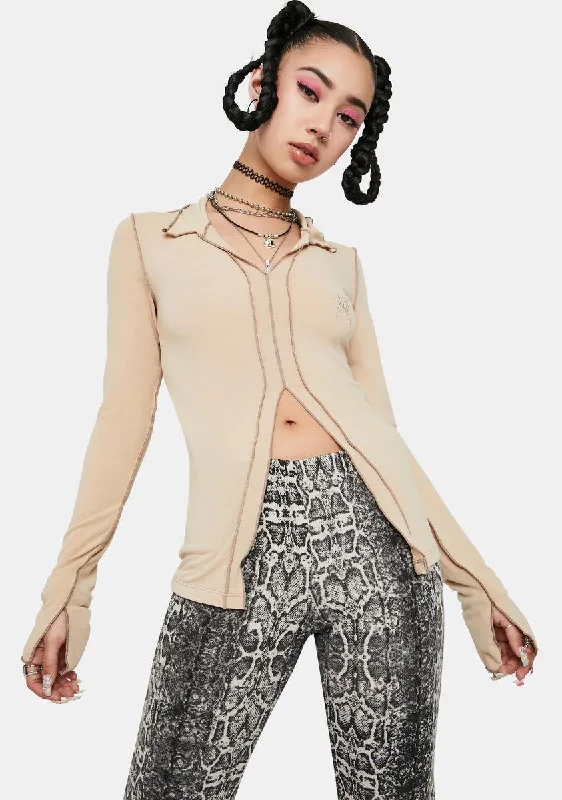 Ride The Style Wave Clay Contrast Stitch Collared Top