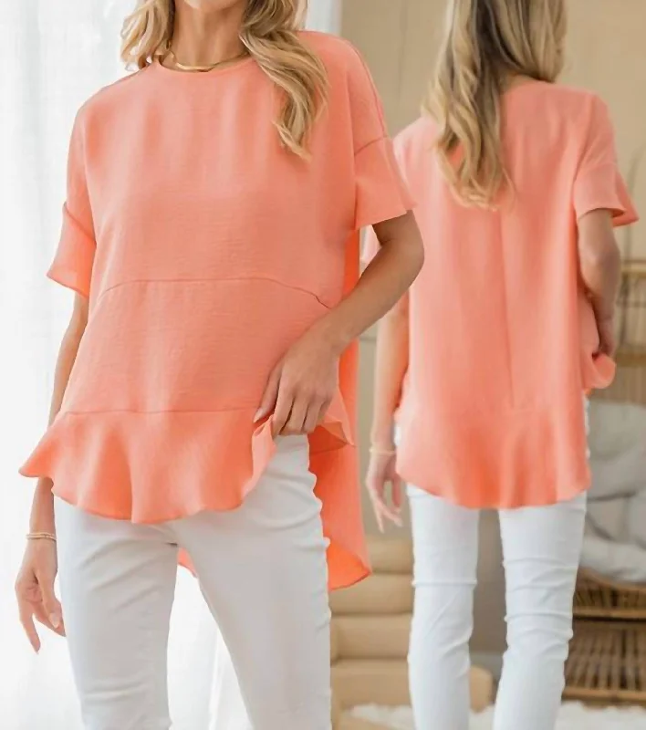 Fashion Women's Clothing Coral Round Neck Ruffle Hem Top