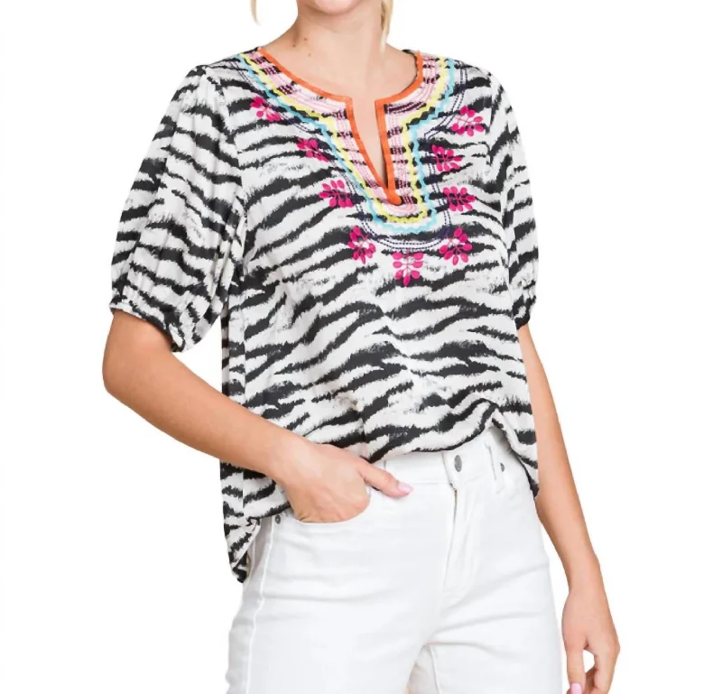 Casual Chic Zebra Print Embroidered Yoke Top In Black/white