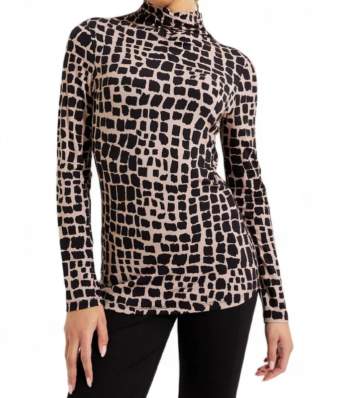 Versatile Women's Clothing for All Occasions Mock Neck Animal Print Top In Black/latte