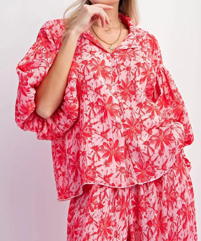 Relaxed Style Crinkled Top In Hot Pink & Red