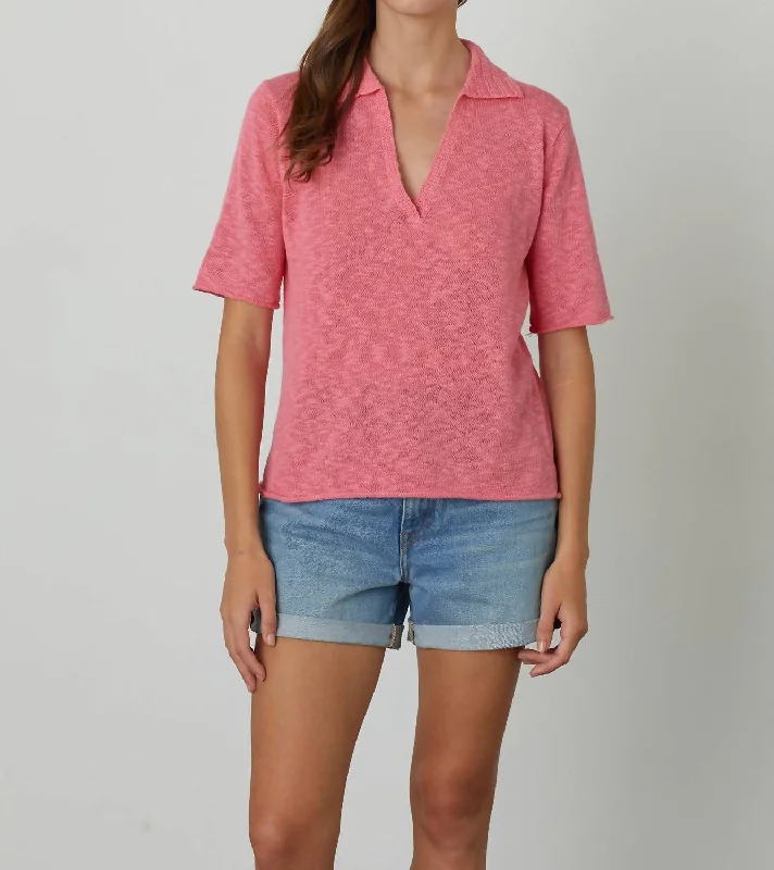 Innovate Your Wardrobe Velvet Linen Polo Torie Top In Rose