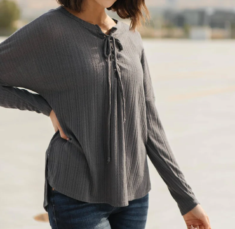 Style Breakthroughs Straight Laced Ribbed Top In Charcoal