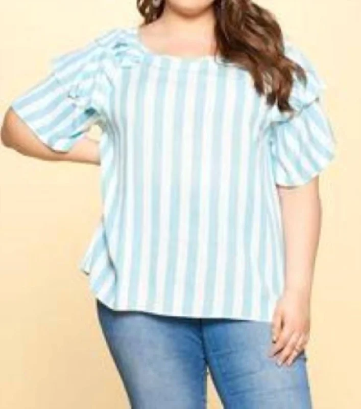 Online Boutique Stores Ruffle Sleeve Plus Top In Sky Blue And White Stripe