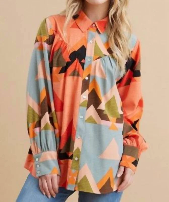 Elegant Women's Clothing Online Collared Geometric Top In Grapefruit/blue