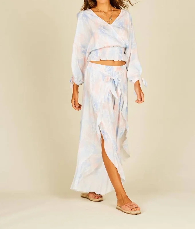 Fashion-forward Women's Wear Tie Dye Cold Shoulder Faux Wrap Smocked Top In Watercolor Pastels