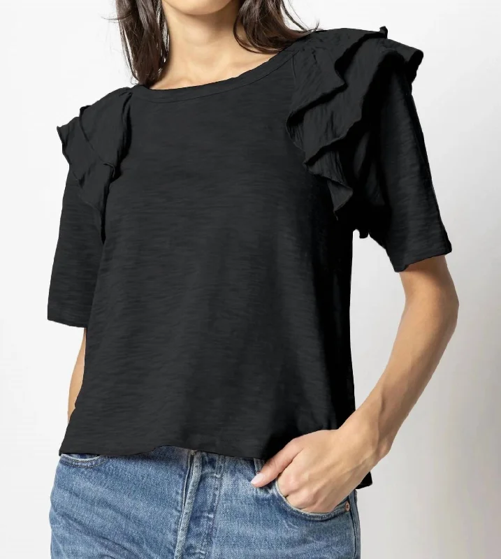 Trendy Pulse Elbow Sleeve Ruffle Crewneck Top In Black