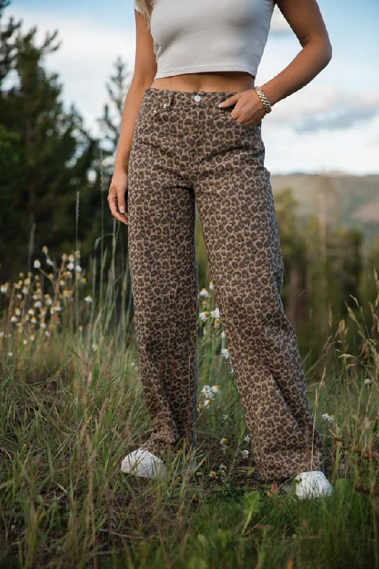 Discount Price Wild Things Taupe and Brown Leopard Wide Leg Pants