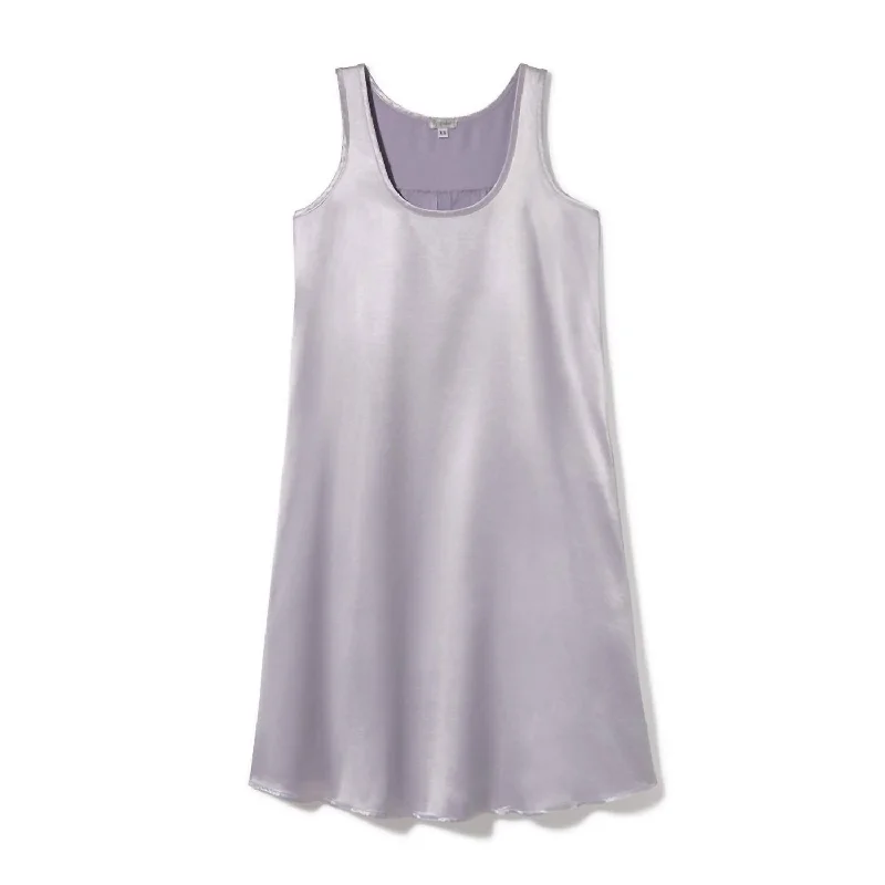 Comfortable Chic Jessica Satin Knee Length Gown With Pleated Back In Lavender