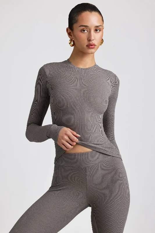 Versatile Wardrobe Essentials Ribbed Modal Crew Neck Top in Grey