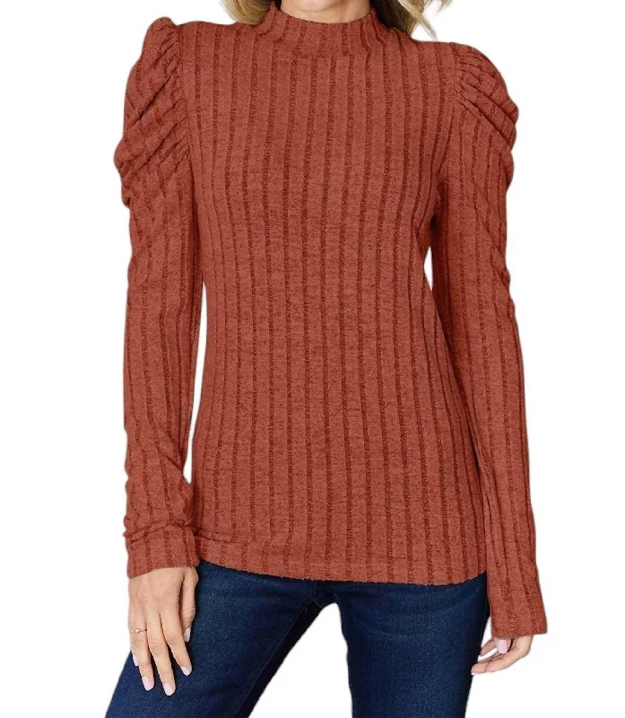 Cool Prices Ribbed Mock Neck Top With Puff Sleeves In Brick Red