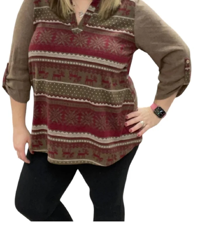 Trendy Threads Reindeer Gabby Top In Brown/burgundy