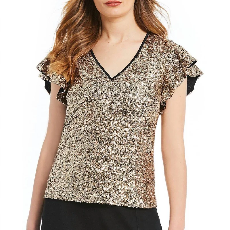 Trendy And Individual Women's Fashion Sequin Flutter Sleeve Top In Gold