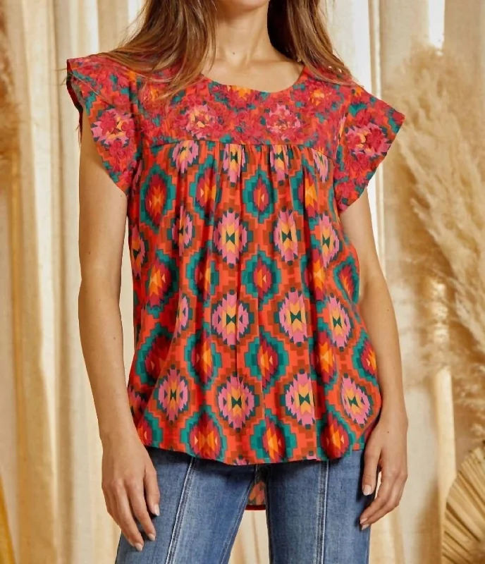 Wardrobe Refresh Aztec Embroidered Flutter Sleeve Top In Multi Color