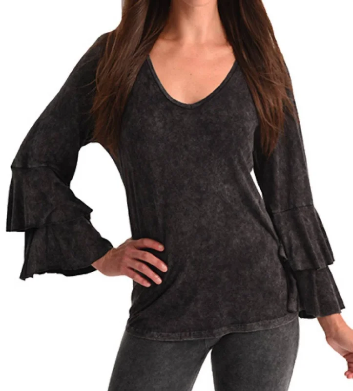 Special Offers, Don't Miss Stone Wash Bell Sleeve Top In Charcoal