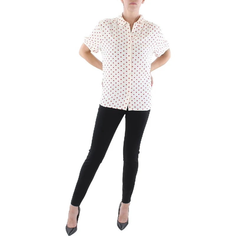 Evening Elegance Womens Polka Dot Point-Collar Button-Down Top