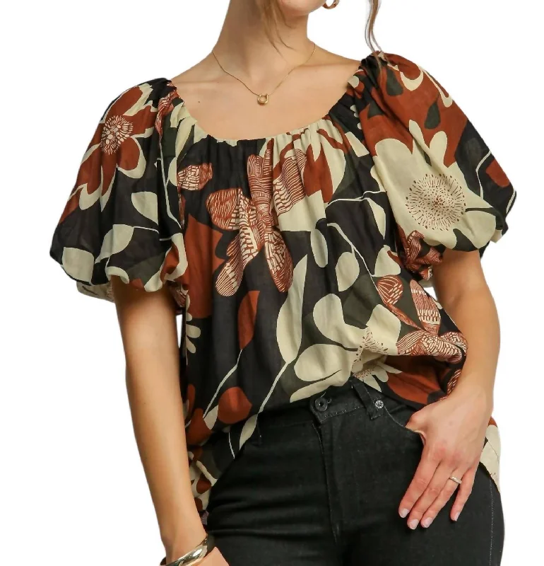 Casual Fashion Trends for Women Puff Sleeve Abstract Print Round Neck Top In Rust Mix