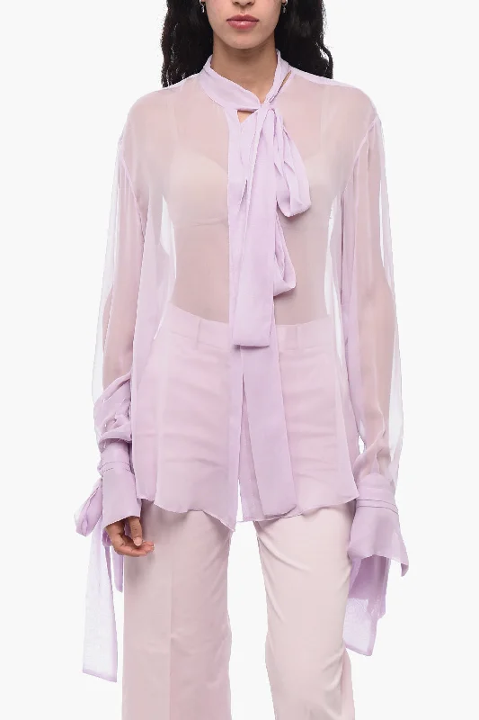 Trend Alert LaQuan Smith Silk Chiffon Tie Neck Shirt with Knotted Cuffs