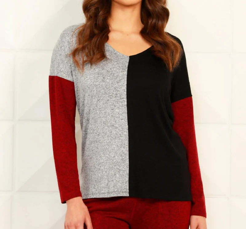 Trendy Outfits For Girls Color Block Open V-Neck Top In Black/wine