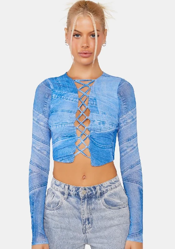 Flash Sale Online Denim Print Aida Lace-Up Top