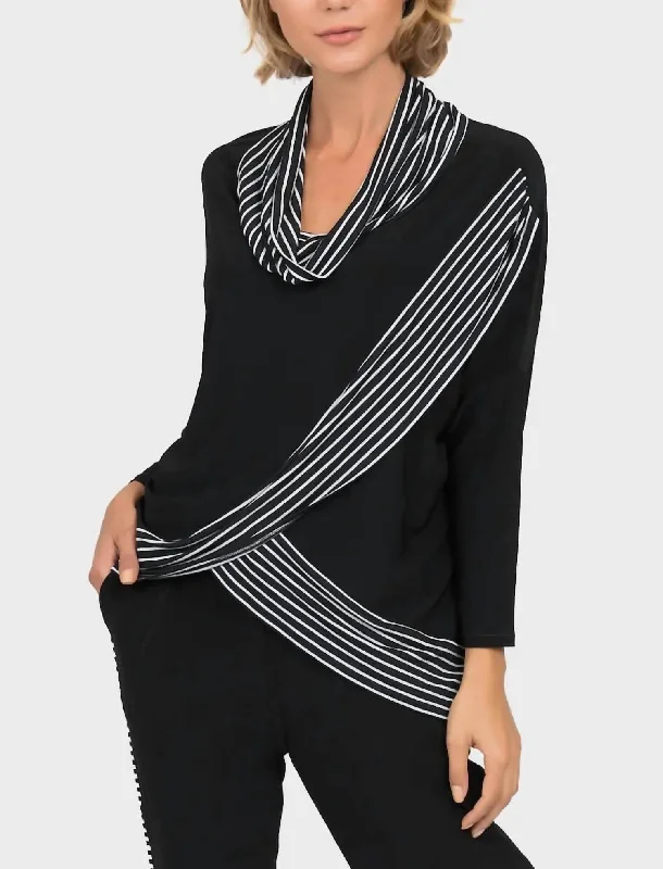 Minimalist Women's Fashion Clothing Cowl Neck Stripe Top In Black/white