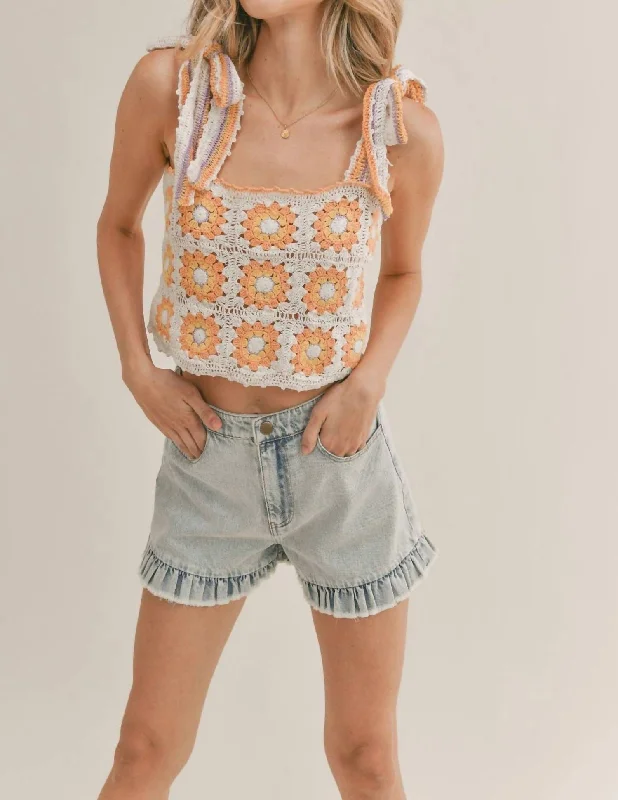 Relaxed Style Flower Babe Crochet Top In Ivory Multi