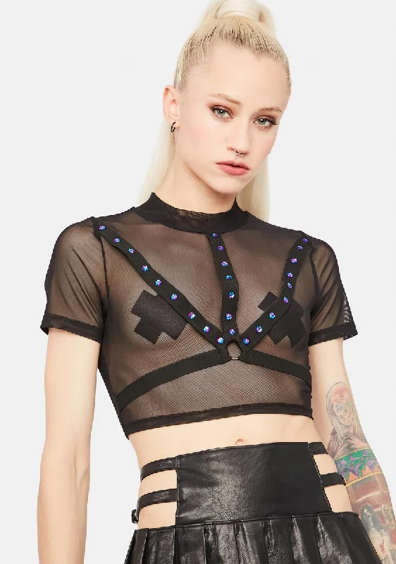 Chic And Trendy Bow Down Bish Sheer Studded Harness Top